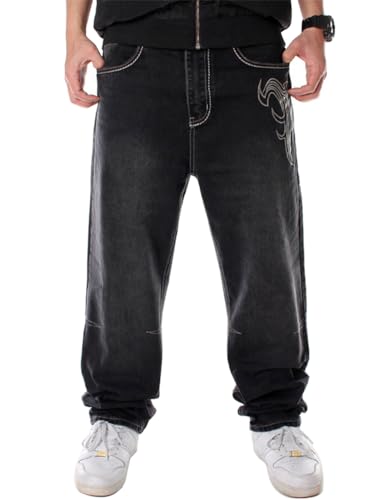 Ylingjun Herren Baggy Hip Hop Jeans Casual Loose Fit bestickt Skateboard Denim Hose - Schwarz - 48 von Ylingjun