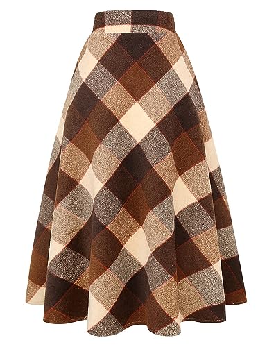 Ylingjun Langer karierter Wollrock für Damen, Winter, Herbst, warm, hohe elastische Taille, A-Linie, ausgestellt, plissiert, Wolle, Schottenkaroröcke, Big Plaid Kaffee, Mittel von Ylingjun