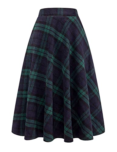 Ylingjun Langer karierter Wollrock für Damen, Winter, Herbst, warm, hohe elastische Taille, A-Linie, ausgestellt, plissiert, Wolle, Tartan Röcke, Grün , Klein von Ylingjun