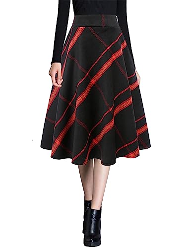 Ylingjun Warme Damen-Midi-Röcke, Winter, Herbst, hohe elastische Taille, A-Linie, ausgestellter Wollrock, Schwarz Rot, Groß von Ylingjun