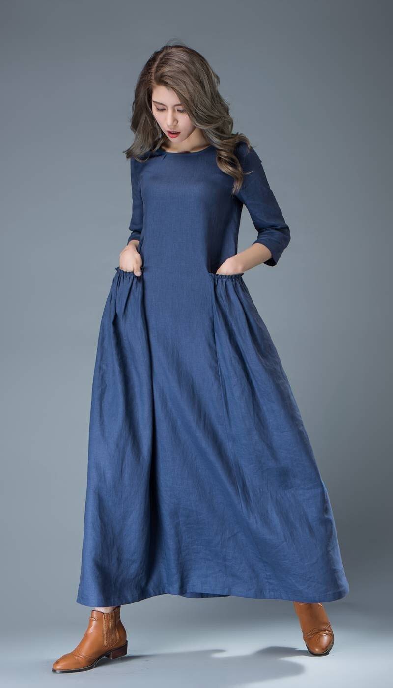 Blau Maxi Leinenkleid - Kobalt Lange Frühling Sommer Handmade Casual Alltag Kleid Mit Halben Ärmeln C803 von Ylistyle