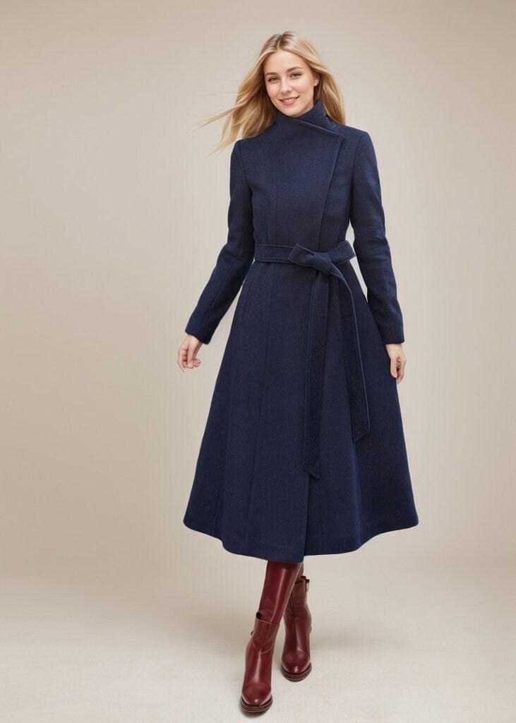 Blauer Woll-Wickelmantel, Winter-Trenchcoat Mit Gürtel, Ylistyle C2576 von Ylistyle