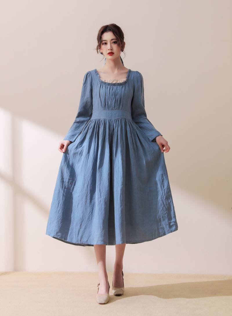 Blaues Leinenkleid, Vintage Inspiriertes Elegantes Langarm Frühlingskleid, Bescheidenes Kleid, Partykleid, Leinenkleidung C1777 von Ylistyle