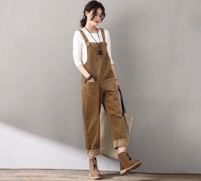 Damen Brauner Cord Overall, Lässiger Handgemachter Jumpsuit, Cordhose, Frühling Herbst Retro Benutzerdefinierte Overall C1810 von Ylistyle