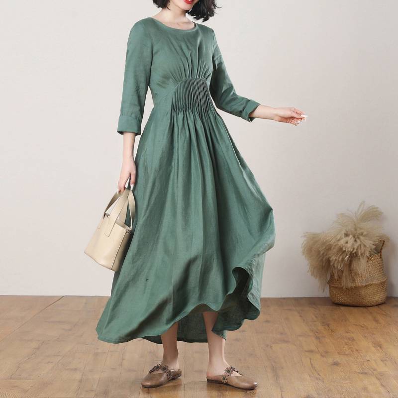 Leinen Kleid, Grünes Maxi Freizeitkleid, Fit & Flare Kleid Mit Faltenbund, Sommer Herbst Mode Damenkleid, Ylistyle C3269 von Ylistyle