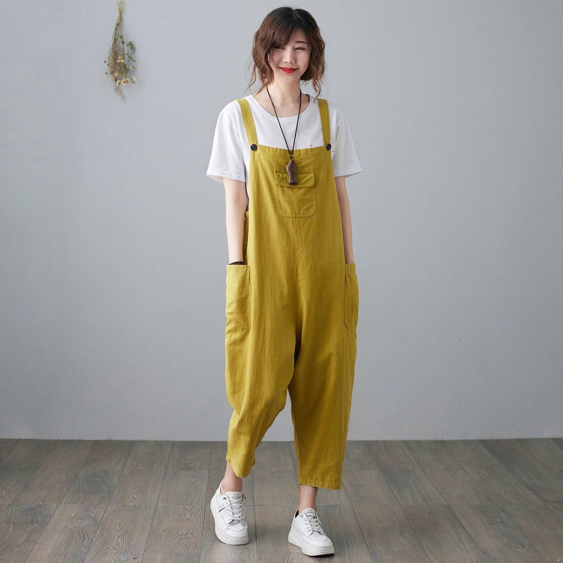 Leinen Overall Frauen, Casual Overall, Loose Fit Harem Overalls, Gelber Frauen Romper, Ylistyle C2100 von Ylistyle