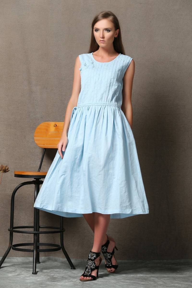 Leinenkleid, Blaues Kleid, Plus Größe Lässiges Taubenblau Ärmelloses Midi-Sommerkleid Mit Tunnelzug C549 von Ylistyle