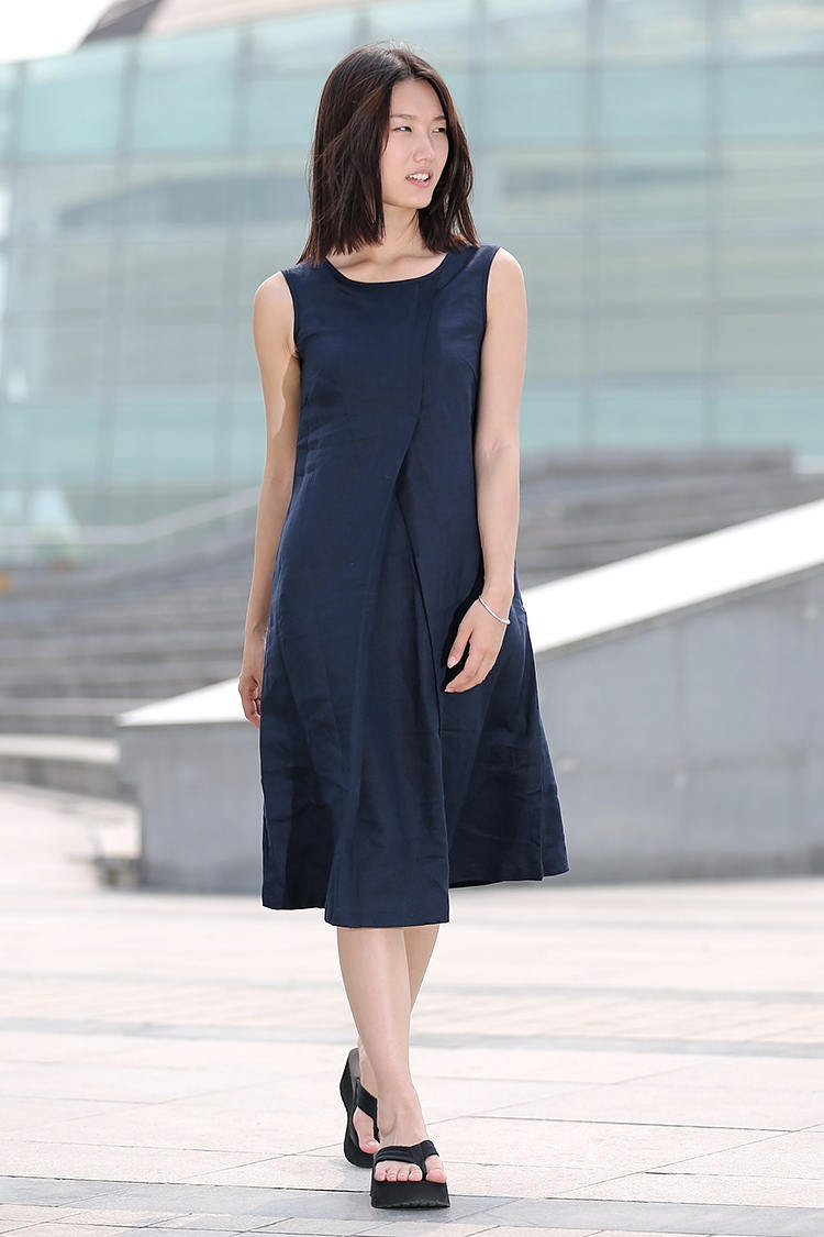 Leinenkleid, Midikleid, Ärmelloses Kleid, Marineblaues Tunikakleid, Sommerkleid, Bio-Leinenkleid, Lässiges Kleid Mit Taschen C263/ von Ylistyle