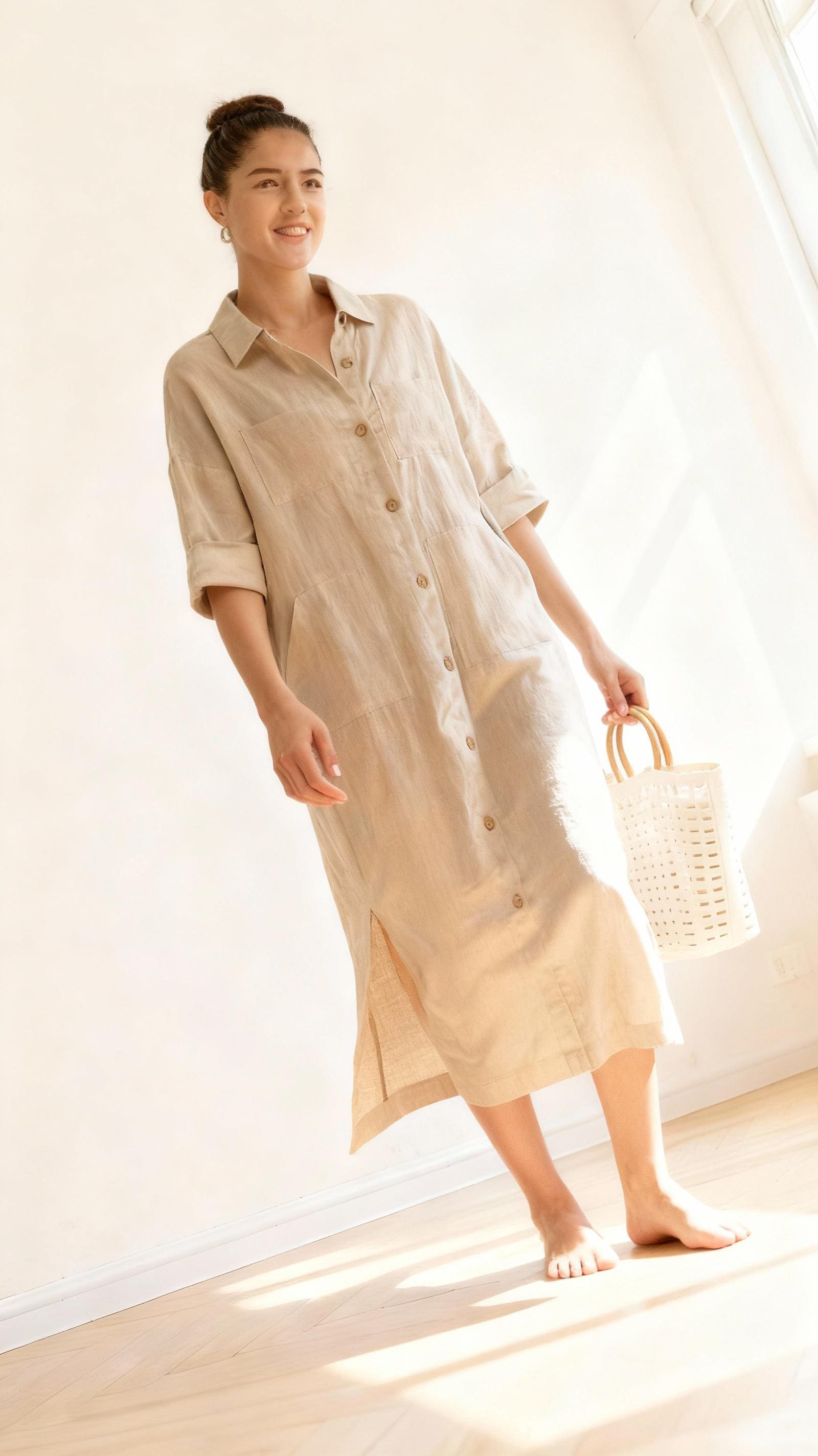 Oversized Leinen-Hemdkleid Lässiges Maxikleid Mit Taschen, Ylistyle C2942 von Ylistyle