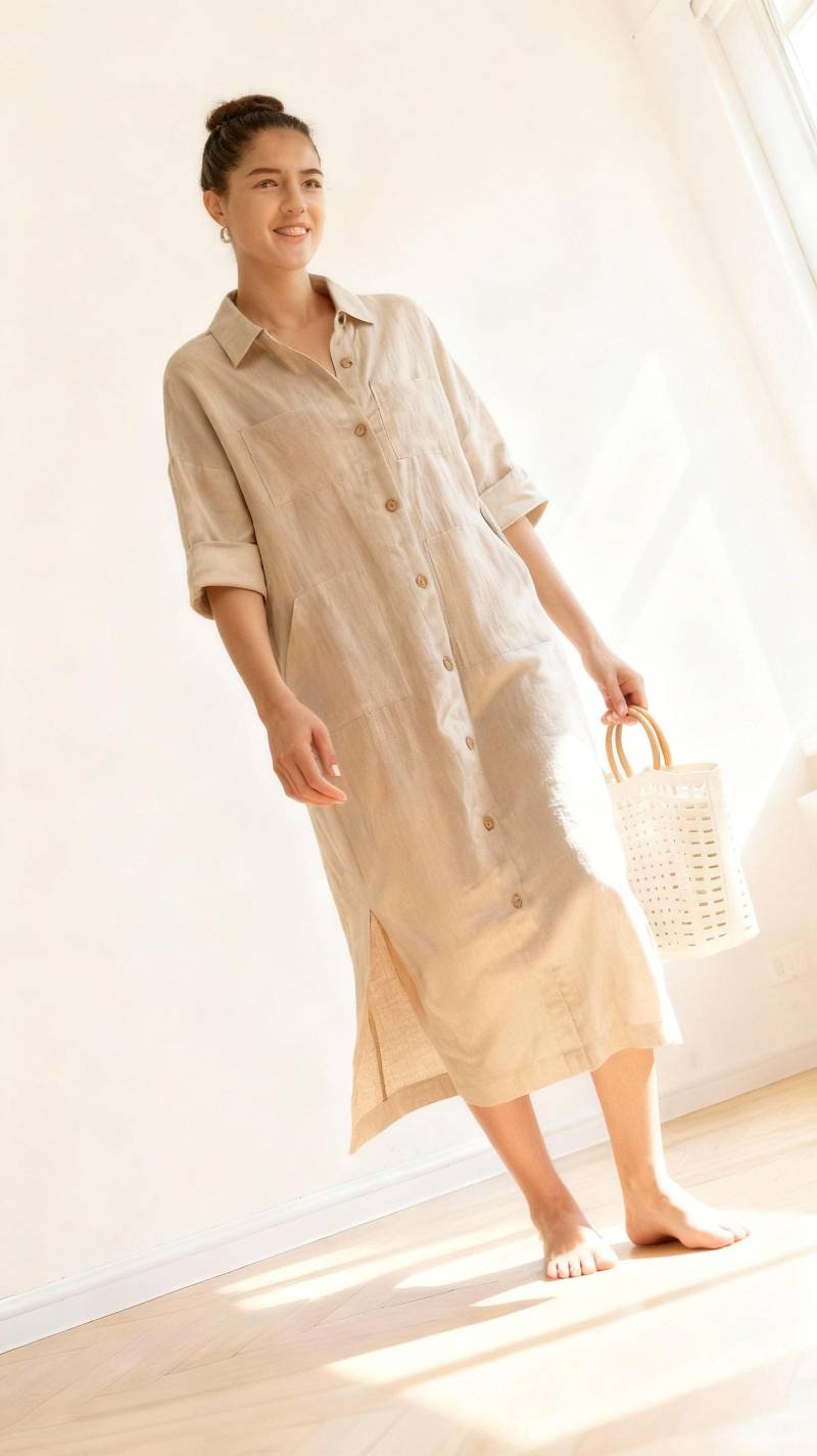 Oversized Leinen-Hemdkleid Lässiges Maxikleid Mit Taschen, Ylistyle C2942 von Ylistyle