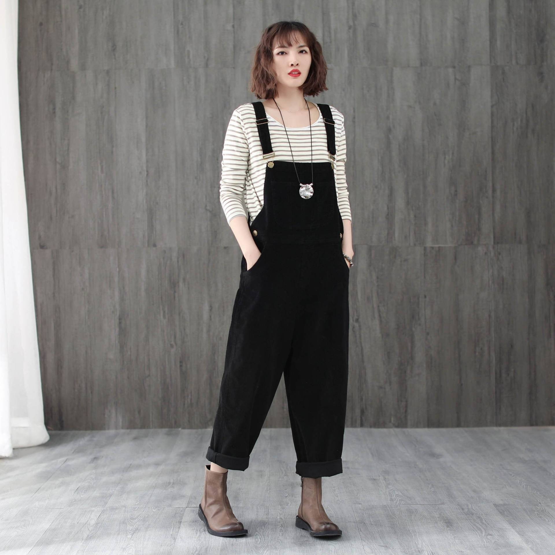 Schwarz Plus Size Cord Overalls Frauen, Frühlingsoverall Mit Taschen, Langer Bib-Overall, Cord-Overall Weitem Bein, Lässiger Overall C1945 von Ylistyle