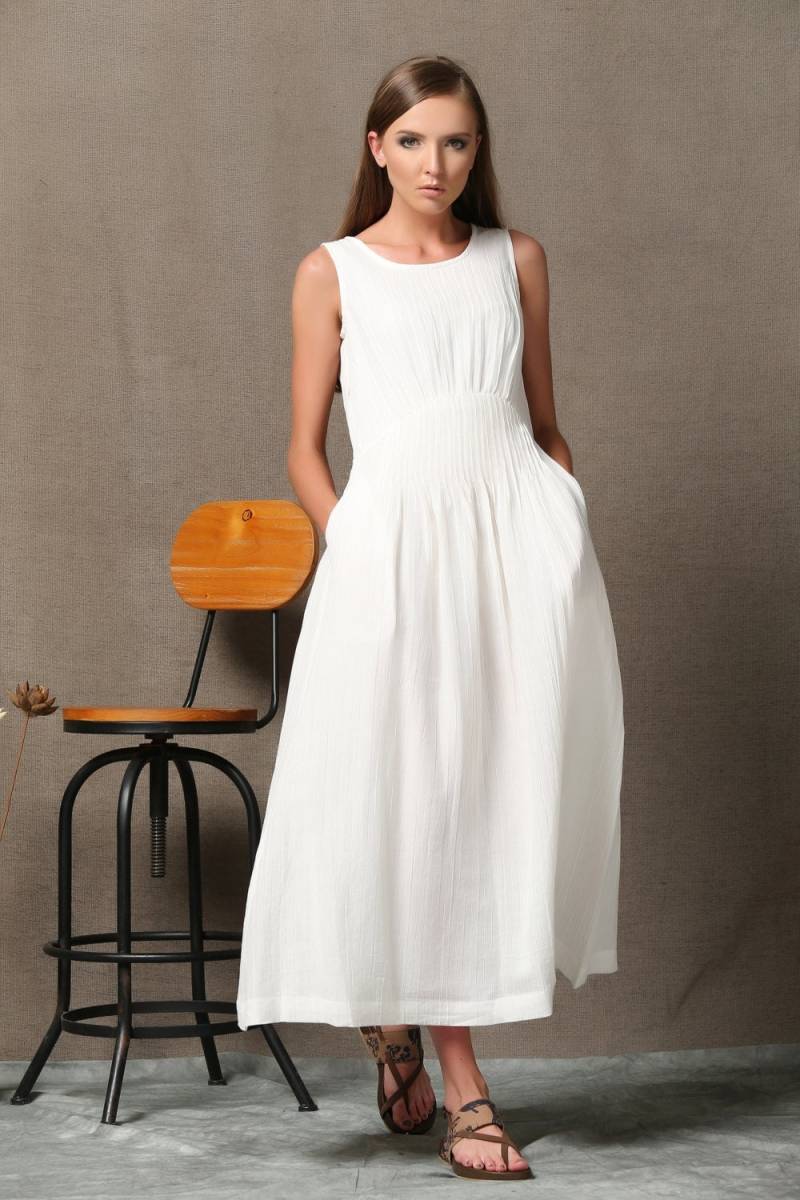 Weißes Leinenkleid, Langes Ärmelloses Leinenkleid Sommer Maxikleid Mit Pintuck Taille Und Seitentaschen, Lässiges C538 von Ylistyle
