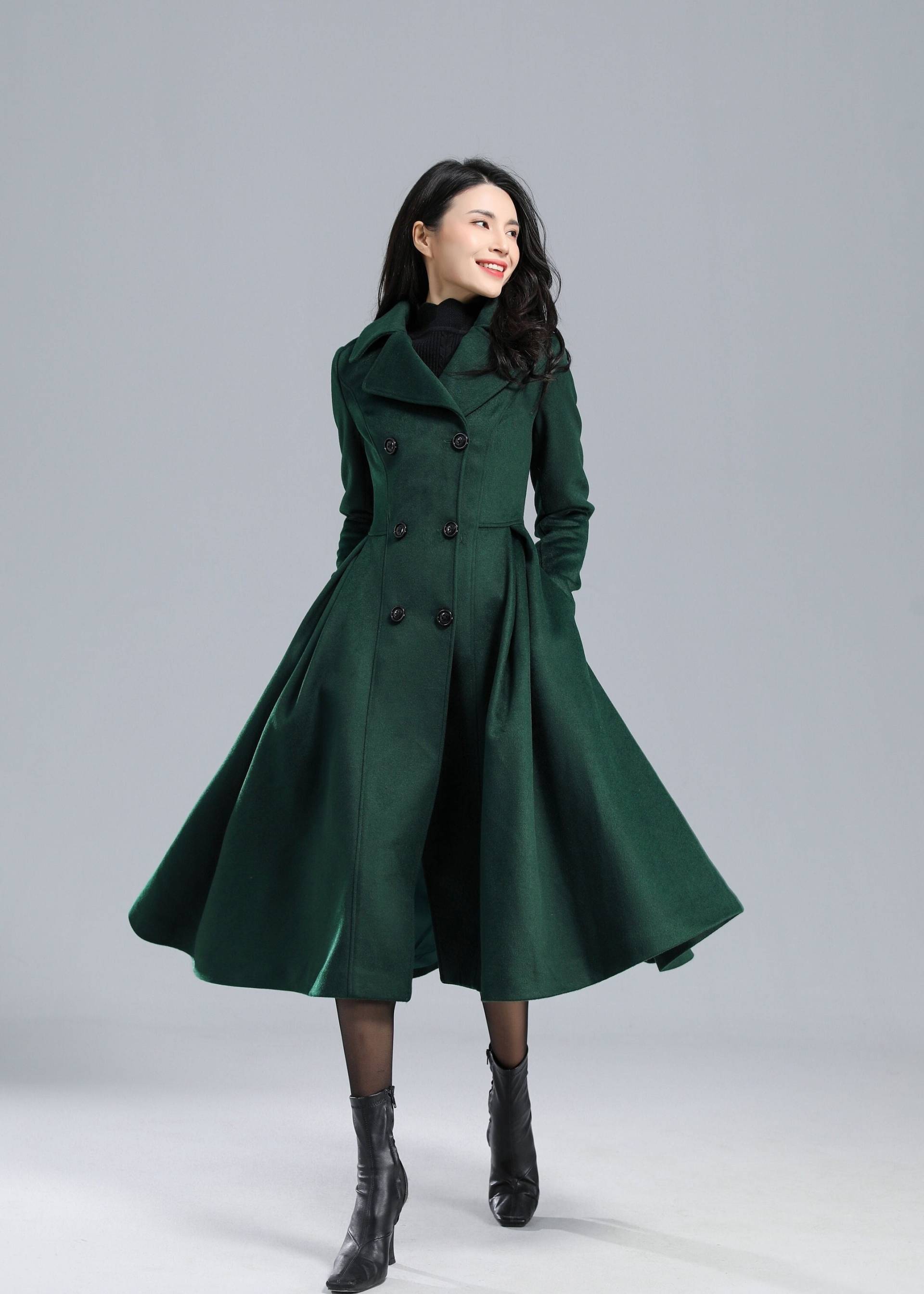 Wollmantel, Grüner Langer Wollmantel Frauen, Prinzessin Mantel, Swing Winter Trenchcoat, Fit Und Flare Zweireihiger C2469 # von Ylistyle