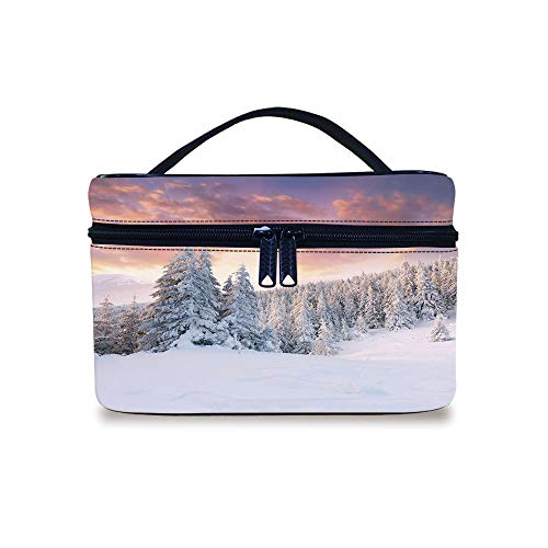 Make-up-Tasche, Reise-Kosmetiktasche, Sonnenaufgang im Winter, Landschaft, verschneite Felder, gefrorene Kiefern, nördliche Hemisphäre, dekorativer tragbarer Organizer, professioneller Kosmetik-Zugkoffer, für Frauen und Mädchen von Ylljy00