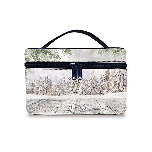 Make-up-Tasche, Reise-Kosmetiktasche, abstraktes Weihnachtsmotiv mit schneebedecktem Wald und Holzoberfläche, Foto-dekorativer tragbarer Organizer, professioneller Kosmetik-Zugkoffer, für Frauen und Mädchen von Ylljy00