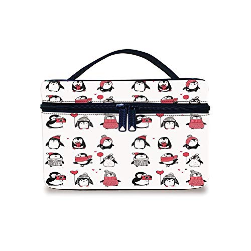 Make-up-Tasche, Reise-Kosmetiktasche, niedliche Pinguine, handgezeichnetes Stil-Set, Frohe Weihnachten, Grüße für Babys, Kinder, Kleinkinder, tragbarer Organizer, professioneller Kosmetik-Zugkoffer, für Frauen und Mädchen von Ylljy00