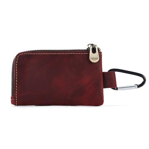 Kleine Münze Geldbörse für Männer Frauen, rechteckige Echtleder Tasche Organizer Change Halter mit Reißverschluss, echtes Rindsleder Schlüsselanhänger Wallet Rot von YlobdolY