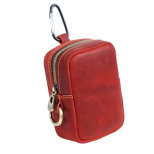 Mini Münze Geldbörse für Männer Frauen, echtes Leder Münztasche Organizer Case Tasche mit Reißverschluss, echtes Vintage Rindsleder Kleiner Schlüsselanhänger Cubic Key Wallet Rot von YlobdolY