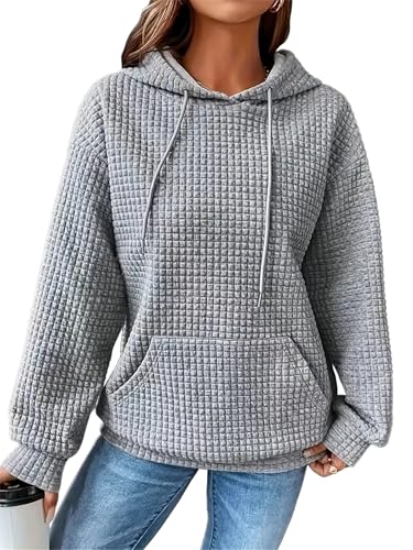 YloveM Causal Hoodie Damen Oversize warm lang Waffel Kapuzenpullover mit Zip elbsand Pullover Sweatshirt mit Kapuze Grau XXL von YloveM