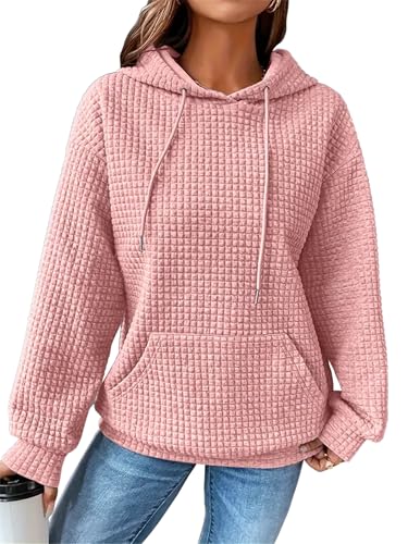 YloveM Causal Hoodie Damen Oversize warm lang Waffel Kapuzenpullover mit Zip elbsand Pullover Sweatshirt mit Kapuze Rosa XXL von YloveM