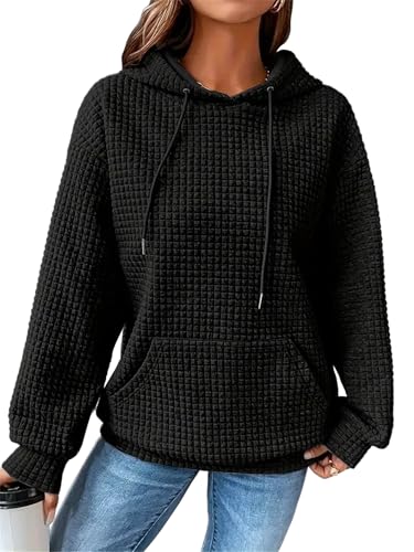 YloveM Causal Hoodie Damen Oversize warm lang Waffel Kapuzenpullover mit Zip elbsand Pullover Sweatshirt mit Kapuze Schwarz XXL von YloveM