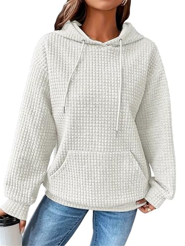 YloveM Causal Hoodie Damen Oversize warm lang Waffel Kapuzenpullover mit Zip elbsand Pullover Sweatshirt mit Kapuze Weiß XXL von YloveM