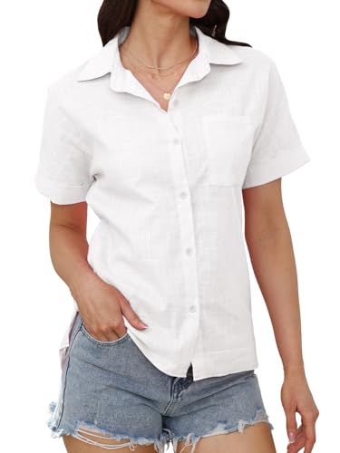 YloveM Damen Bluse V-Ausschnitt kurzärmlig Baumwoll Leinen Bluse Sommerurlaub Elegante Freizeit-Tops mit Tasche Lockeres Hemd mit Knöpfen von YloveM