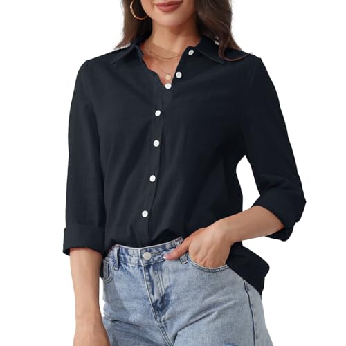 YloveM Damen Bluse mit Knopfleiste Langarm V-Ausschnitt Baumwolle Leinen Bluse Elegant Lässig fürs Büro Arbeit Oberteile Lockeres Hemd von YloveM