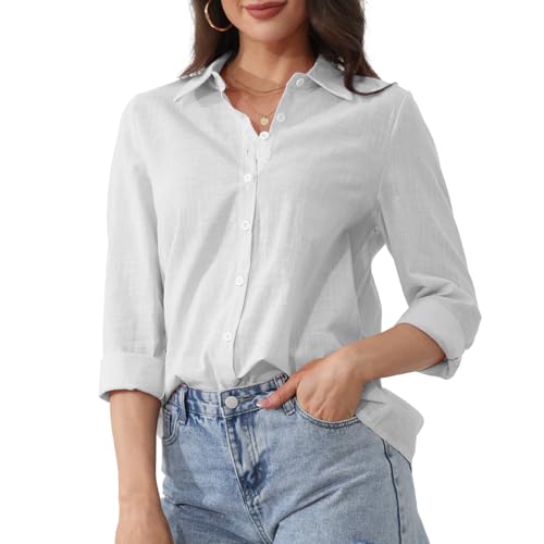 YloveM Damen Bluse mit Knopfleiste Langarm V-Ausschnitt Baumwolle Leinen Bluse Elegant Lässig fürs Büro Arbeit Oberteile Lockeres Hemd von YloveM