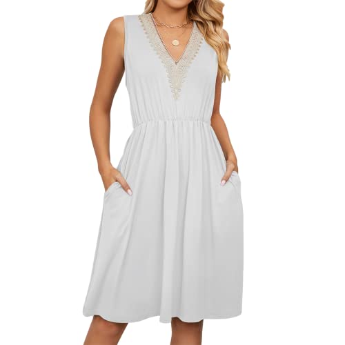 YloveM Damen Kleider Sommer Ärmellose V Ausschnitt Kleid mit Taschen Einfarbig Langes Sommerkleid Freizeitkleider von YloveM