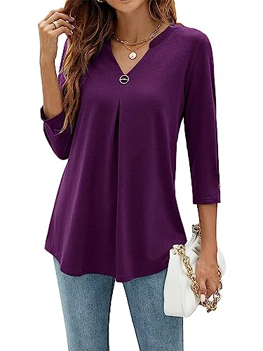 YloveM Frauen Arbeiten Blusen Damen Bluse 3/4 Ärmel V-Ausschnitt Tunika Top Elegant Lässige Hemden Lockere Shirt von YloveM