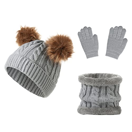 YloveM Kinderschal und Handschuhe Set, Jungen Mädchen Warmen Hut Mütze mit 2 Bommeln Strickmütze Für Kinderkinder Kinder Unisex Gestrickt Hut (A- Grau) von YloveM