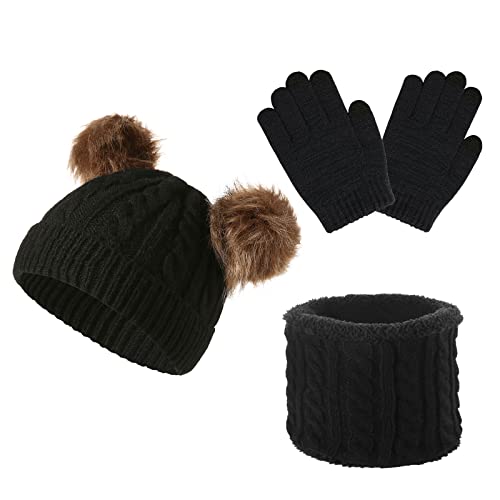 YloveM Kinderschal und Handschuhe Set, Jungen Mädchen Warmen Hut Mütze mit 2 Bommeln Strickmütze Für Kinderkinder Kinder Unisex Gestrickt Hut (A- Schwarz) von YloveM