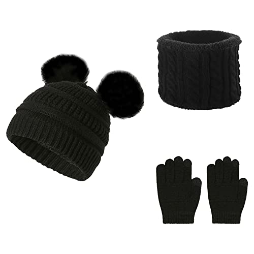 YloveM Kinderschal und Handschuhe Set, Jungen Mädchen Warmen Hut Mütze mit 2 Bommeln Strickmütze Für Kinderkinder Kinder Unisex Gestrickt Hut (B- Schwarz) von YloveM