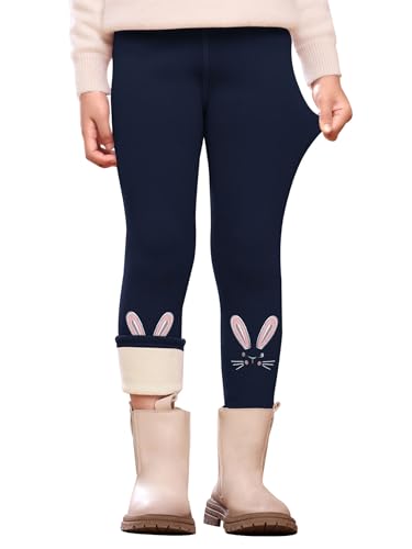 YloveM Thermo Leggings Mädchen Baumwolle Gefüttert Thermoleggin mit Stickerei Warm Winterhose Navyblau 140 von YloveM