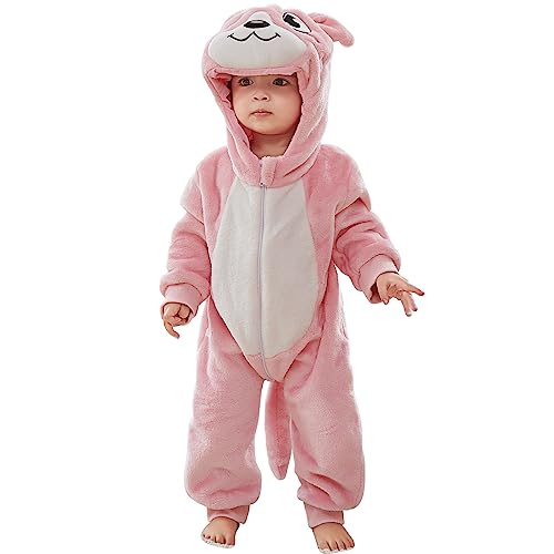 YloveM Unisex Baby Romper Kleinkinder Strampler Overall Cartoon Tier Herbst Winter Warm Reißverschluss Kapuzen Spielanzug Strampelanzug (12-18 Monate, A- Rosa Känguru) von YloveM