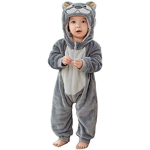 YloveM Unisex Baby Romper Kleinkinder Strampler Overall Cartoon Tier Herbst Winter Warm Reißverschluss Kapuzen Spielanzug Strampelanzug (24-30 Monate, A- Grauer) von YloveM