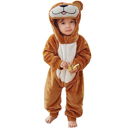 YloveM Unisex Baby Romper Kleinkinder Strampler Overall Cartoon Tier Herbst Winter Warm Reißverschluss Kapuzen Spielanzug Strampelanzug (24-30 Monate, A- Khaki) von YloveM