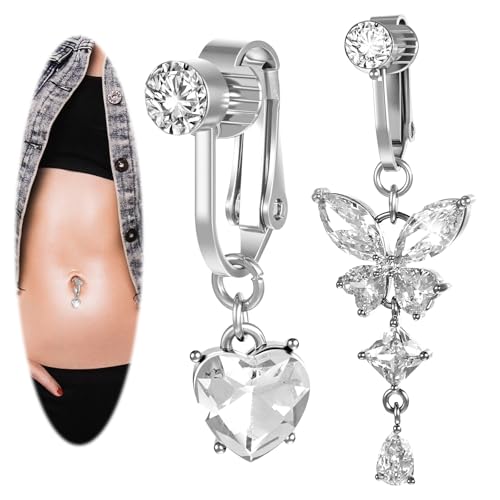 Ymapinc 2 Stück Fake Bauchnabelpiercing Silber mit Schmetterlings Anhänger Strass Bauchnabelpiercing Clip Schwangerschaft – Kein Piercing Erforderlich – für Alle Frauen Geeignet von Ymapinc