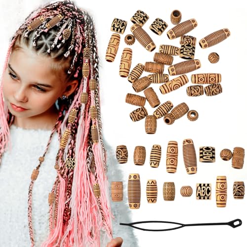 Ymapinc 40 Stück Dreadlocks Schmuck mit Haareinfädler Retro Haarschmuck Mädchen Glücksbringer Totem Haarperlen Holz Perlen für Haare Haarschmuck Festival für Männer und Frauen von Ymapinc