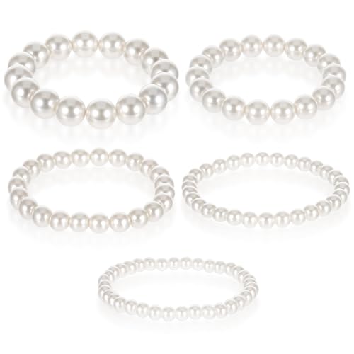 Ymapinc 5 Stück Perlen Armband Damen Weiß Perlenarmband Hochzeit Stapelbare Perlenarmband Braut für Frauen 12/10/8/6/5mm von Ymapinc