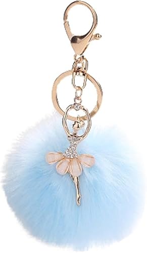 Ymhapp Blues Lovely Strass Intarsien Tanzendes Ballett Mädchen Pom Pom Schlüsselanhänger Flauschiger Plüschball Anhänger Schlüsselanhänger Charmante Frauen Tanz-Schlüsselanhänger Flauschiger Ball von Ymhapp