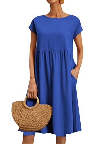 Damen Midikleid Rundhalsausschnitt Sommerkleid Casual A Line Kleid Elegant Kurzarm Strandkleid Swing Schlichtes Kleid Blau XL von Yming