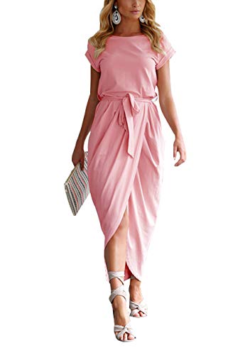 YMING Damen Basic Casual Langes Kleid Solid Muticolor T-Shirt Kleid Sexy mit Gürtel High Low Dress, XL, Rosa von Yming