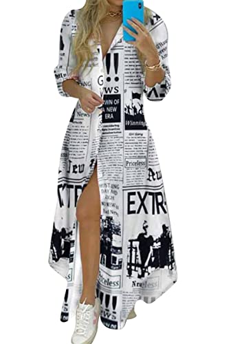 YMING Damen-Blusenkleid mit Knopfleiste, langärmelig, bedruckt, Maxikleid, Reverskragen, geteilt, langes Blusenkleid, Zeitung, Mittel von Yming