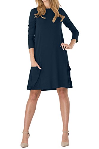 YMING Damen Langarm Kleid Lose T-Shirt Kleid Rundhals Casual Tunika mit Taschen Mini Kleid, L, Mit Taschen-navy Blau von Yming