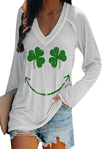 YMING Damen St. Patricks Day Kleeblatt Shirt Langarm V-Ausschnitt Sweatshirt Irish Shamrock Print Pullover Tops, Smiley, 3XL von Yming