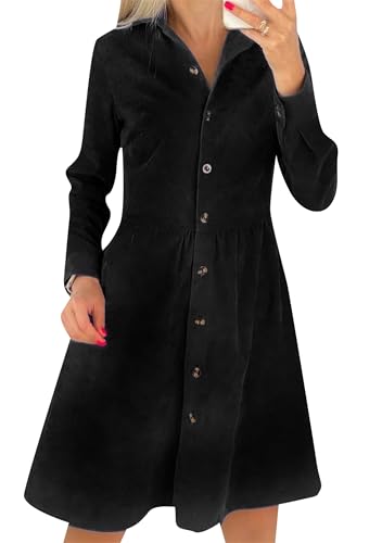 YMING Yming Frauen Business Einfarbig Cordkleid Revers Midi Klassisches Kleid A-Linie Knielang Einfaches Kleid Schwarz XL von Yming
