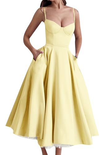 Yming Damen Urlaub Ärmellos Einfarbig Kleid Strand Flowy Lose Formelle Sundress Gelb M von Yming