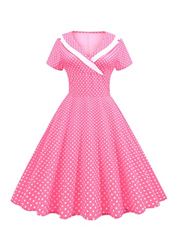 Yming Frauen Slim Fit Audrey Hepburn Stil Kleid Revers 1950er Polka Dot Kleid Vintage Abendkleid Rosa XS von Yming